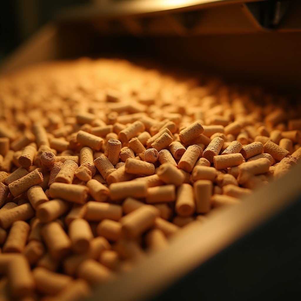 Nahaufnahme von Holzpellets in einem Vorratsbehälter, warme Holztöne