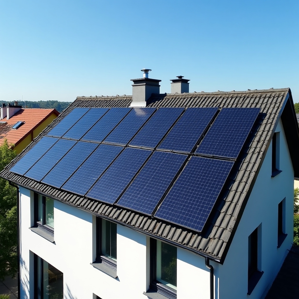 Photovoltaikanlage auf einem Einfamilienhausdach im Sommer mit blauem Himmel