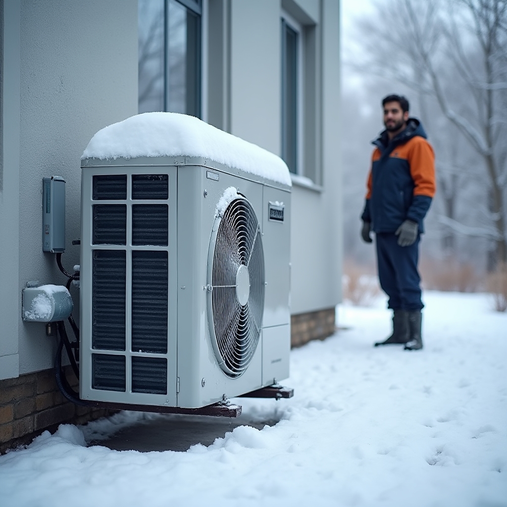 Wärmepumpen-Außeneinheit an einem Wohngebäude im Winter mit Schnee